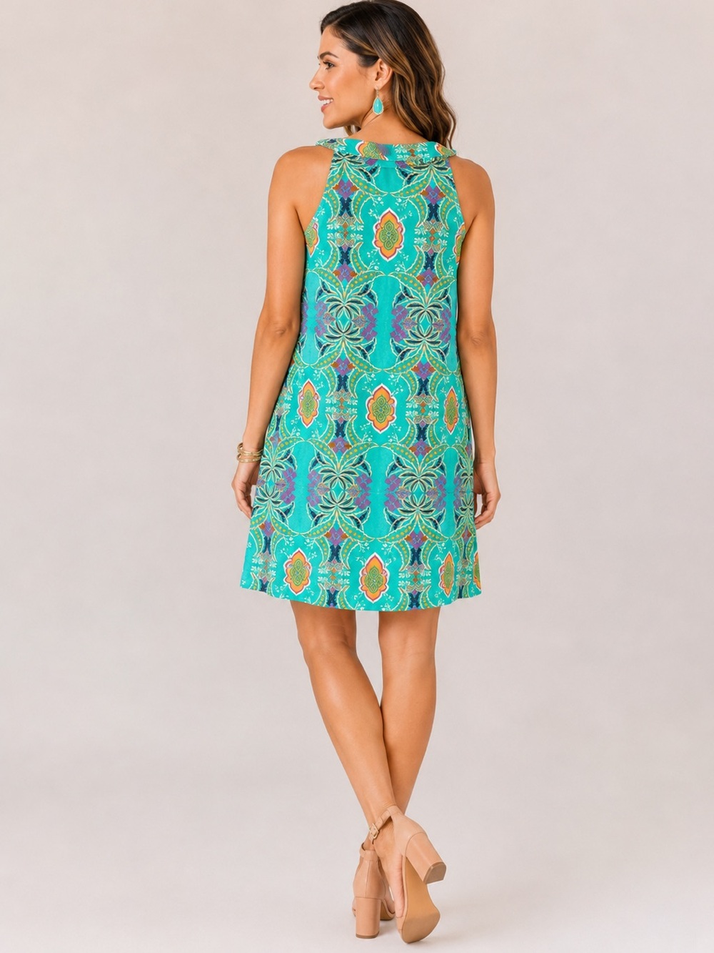 EUC Aryeh UPF 50 Boho Medallion Shift Dress Large Resort Vacation Mini